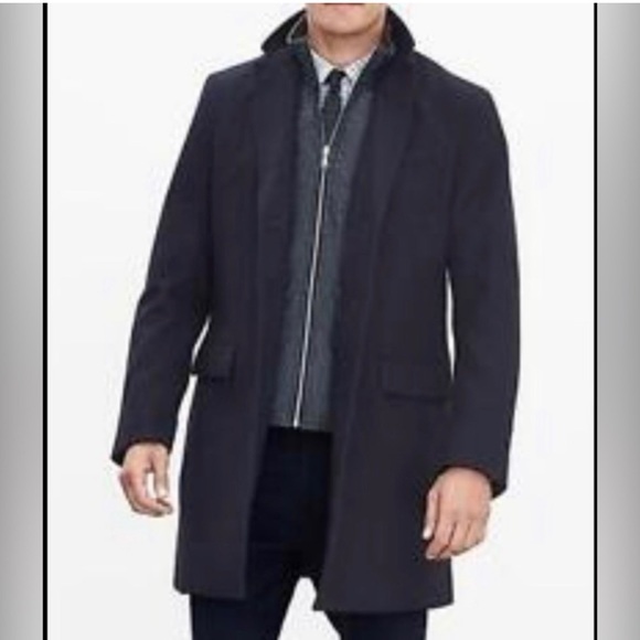 BANANA REPUBLIC Navy Blue TOP COAT Navy Blue ZIP BUTTON WOOL BLEND Large - Picture 1 of 15